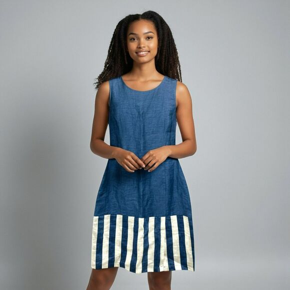 VLT'S Valentina's Linen Dress M Blue Stripe Panel Italian Coastal Midi - Picture 1 of 11